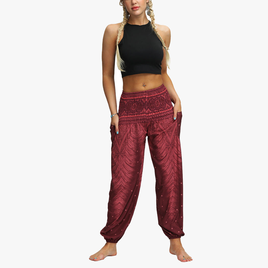 Buddha Stones Federdruck Hippie Baggy Hose Boho Hohe Taille mit Taschen Damen Yogahose