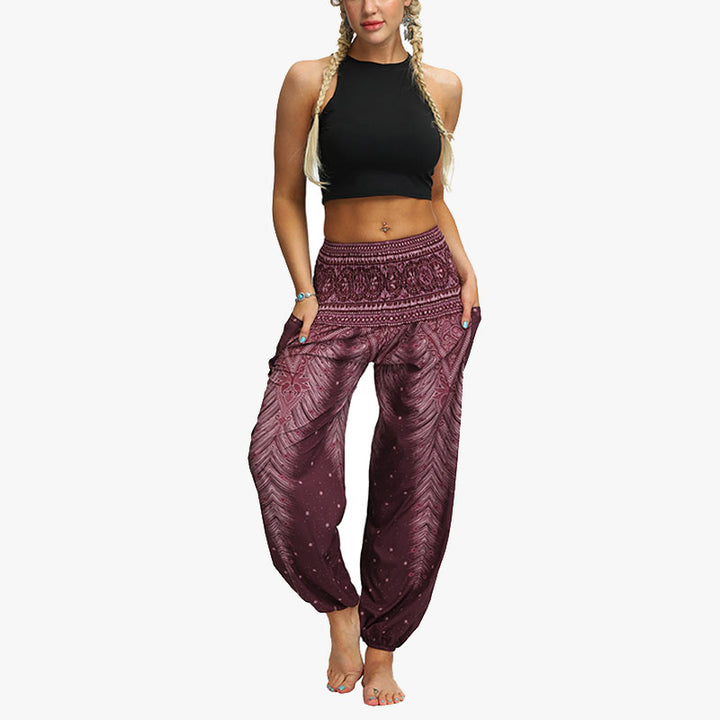 Buddha Stones Federdruck Hippie Baggy Hose Boho Hohe Taille mit Taschen Damen Yogahose