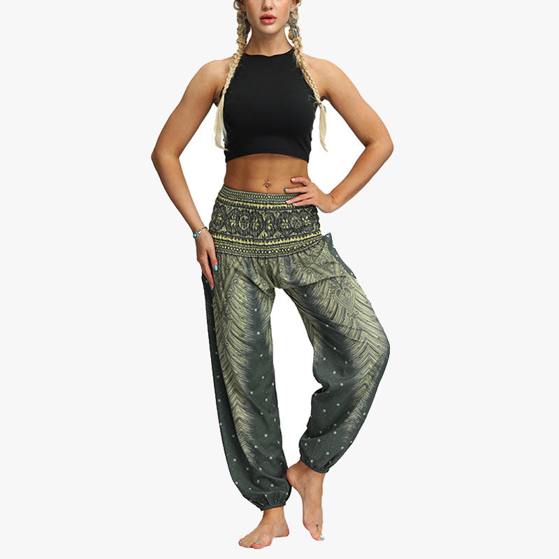 Buddha Stones Federdruck Hippie Baggy Hose Boho Hohe Taille mit Taschen Damen Yogahose