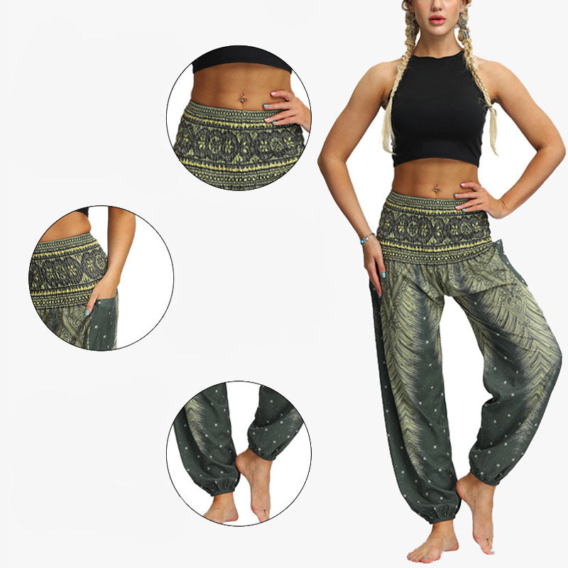 Buddha Stones Federdruck Hippie Baggy Hose Boho Hohe Taille mit Taschen Damen Yogahose