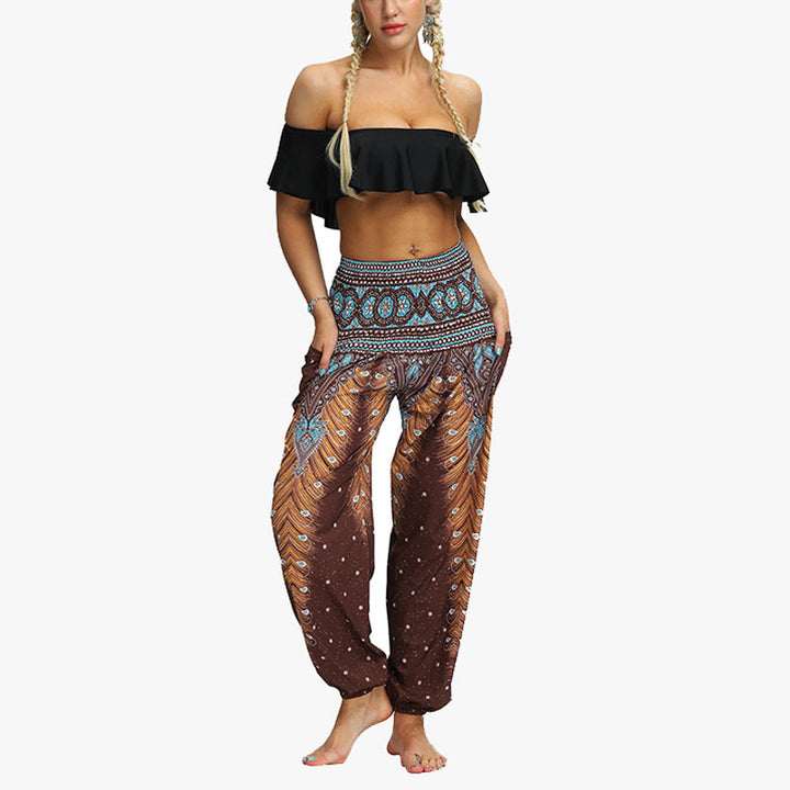 Buddha Stones Federdruck Hippie Baggy Hose Boho Hohe Taille mit Taschen Damen Yogahose