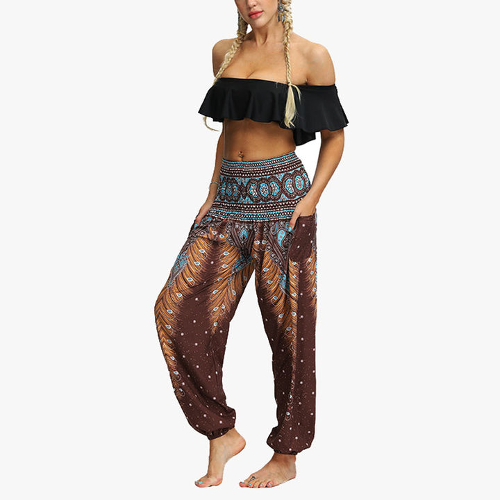 Buddha Stones Federdruck Hippie Baggy Hose Boho Hohe Taille mit Taschen Damen Yogahose