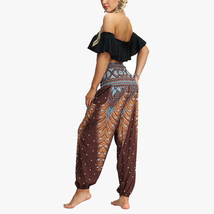 Buddha Stones Federdruck Hippie Baggy Hose Boho Hohe Taille mit Taschen Damen Yogahose