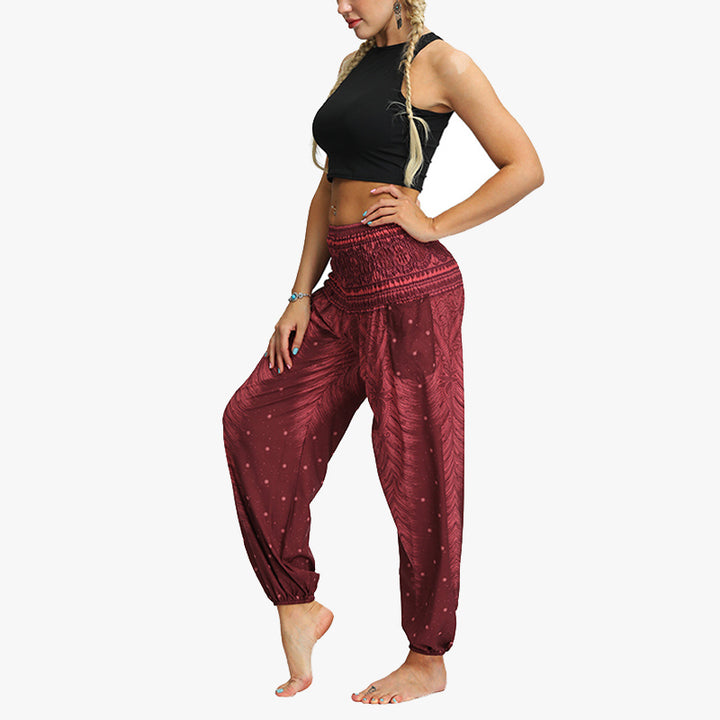 Buddha Stones Federdruck Hippie Baggy Hose Boho Hohe Taille mit Taschen Damen Yogahose