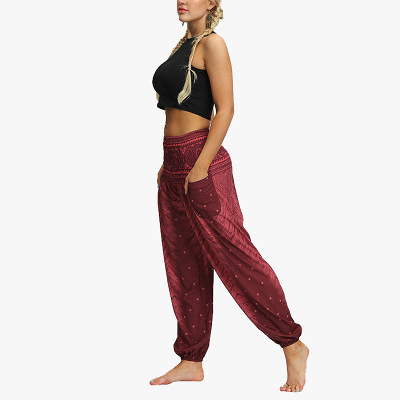 Buddha Stones Federdruck Hippie Baggy Hose Boho Hohe Taille mit Taschen Damen Yogahose