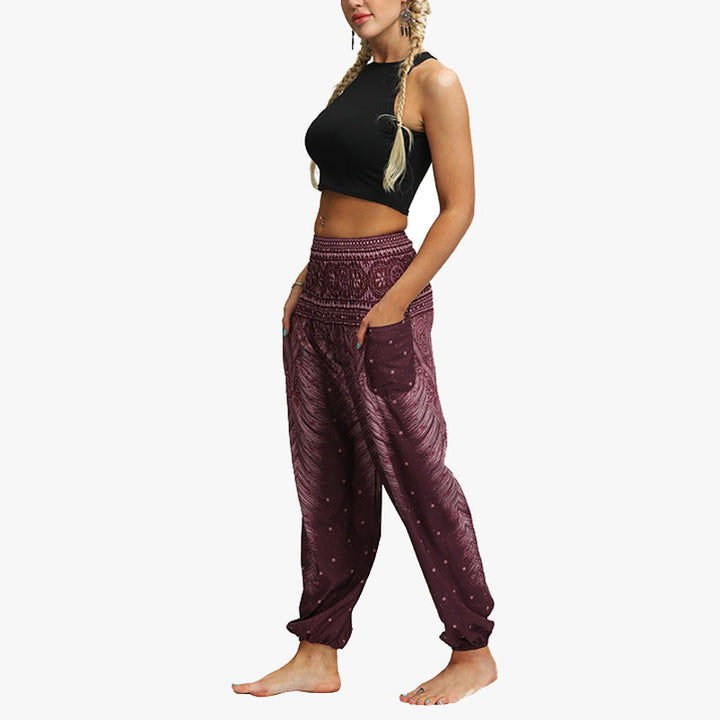 Buddha Stones Federdruck Hippie Baggy Hose Boho Hohe Taille mit Taschen Damen Yogahose