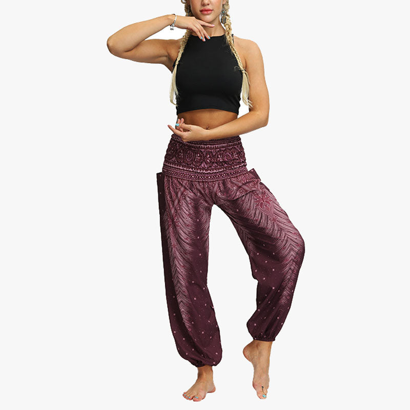 Buddha Stones Federdruck Hippie Baggy Hose Boho Hohe Taille mit Taschen Damen Yogahose