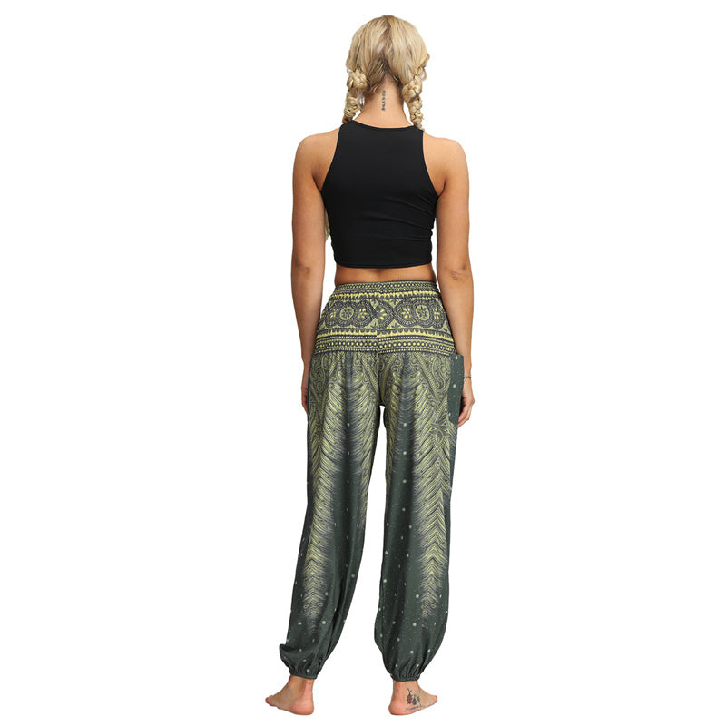 Buddha Stones Federdruck Hippie Baggy Hose Boho Hohe Taille mit Taschen Damen Yogahose