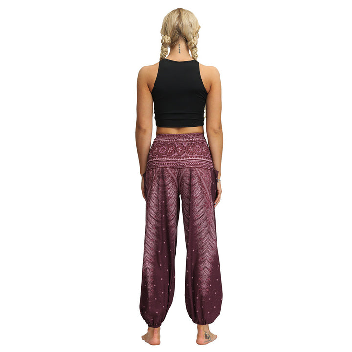 Buddha Stones Federdruck Hippie Baggy Hose Boho Hohe Taille mit Taschen Damen Yogahose