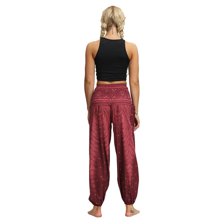 Buddha Stones Federdruck Hippie Baggy Hose Boho Hohe Taille mit Taschen Damen Yogahose