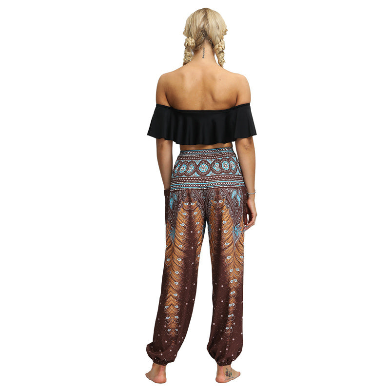 Buddha Stones Federdruck Hippie Baggy Hose Boho Hohe Taille mit Taschen Damen Yogahose