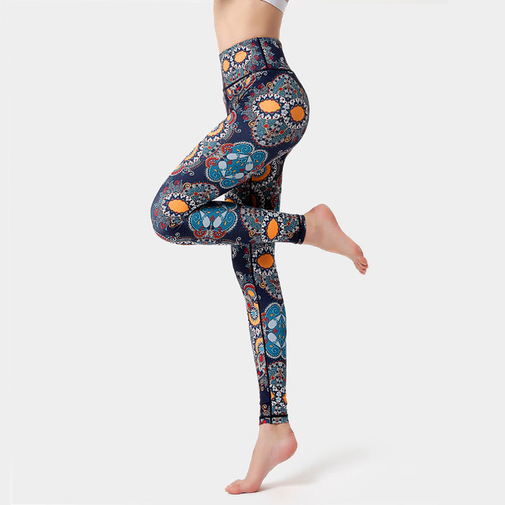 Buddha Stones ​​Blumen Blätter Vögel Print Hose Sport Fitness Yoga Tanz Leggings Damen Yoga Hose - Orange Schwarz Blau - US 8-10, UK/AU 12-14, EU 40-42 (XL) - image 0