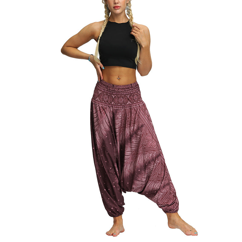 Buddha Stones Boho Feder Yogahose Hippie Haremshose Sport Fitness Tanz Damenhose