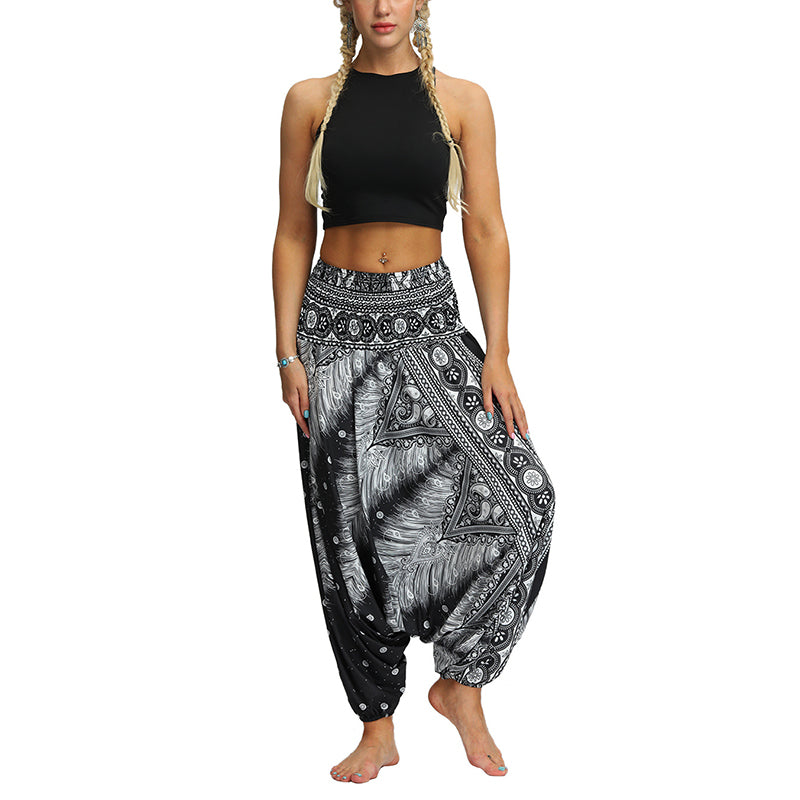 Buddha Stones Boho Feder Yogahose Hippie Haremshose Sport Fitness Tanz Damenhose