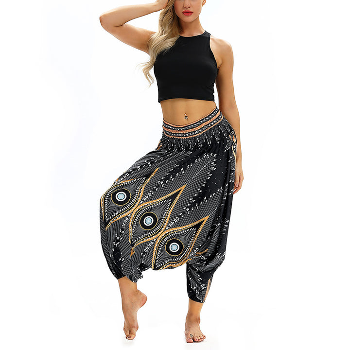 Buddha Stones Boho Feder Yogahose Hippie Haremshose Sport Fitness Tanz Damenhose