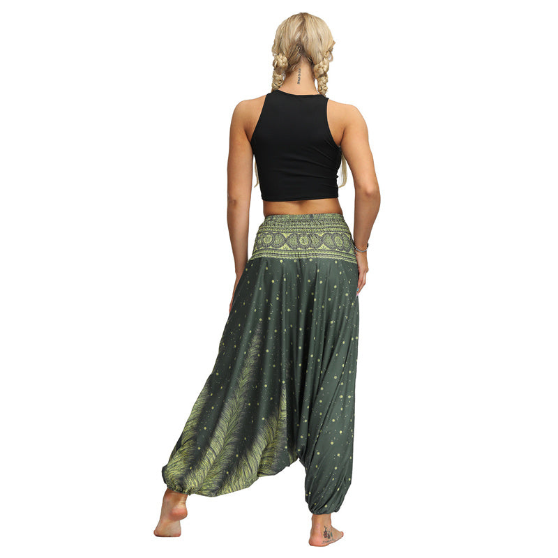 Buddha Stones Boho Feder Yogahose Hippie Haremshose Sport Fitness Tanz Damenhose