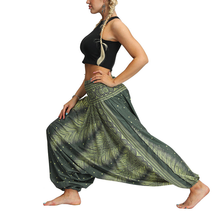 Buddha Stones Boho Feder Yogahose Hippie Haremshose Sport Fitness Tanz Damenhose