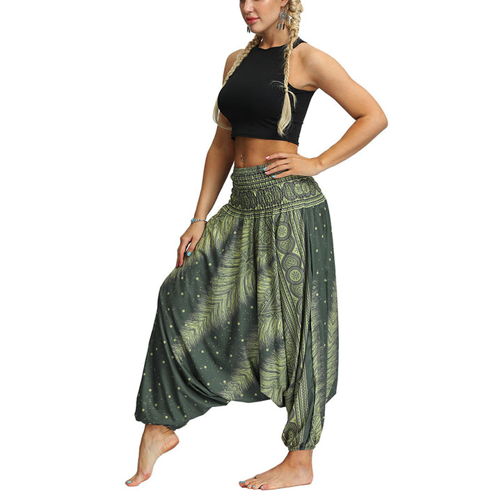 Buddha Stones Boho Feder Yogahose Hippie Haremshose Sport Fitness Tanz Damenhose