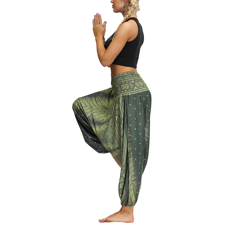 Buddha Stones Boho Feder Yogahose Hippie Haremshose Sport Fitness Tanz Damenhose