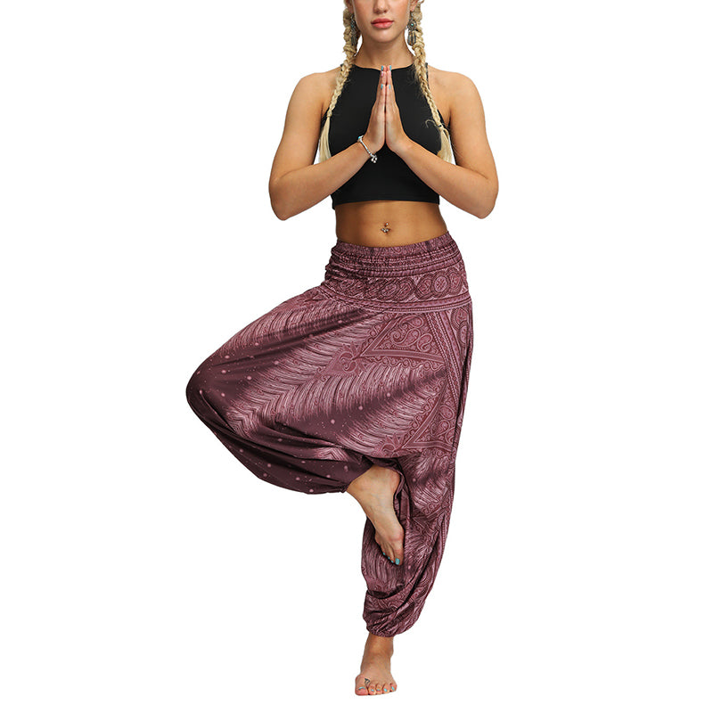 Buddha Stones Boho Feder Yogahose Hippie Haremshose Sport Fitness Tanz Damenhose