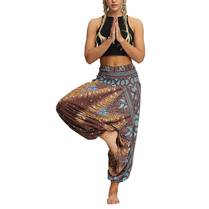 Buddha Stones Boho Feder Yogahose Hippie Haremshose Sport Fitness Tanz Damenhose