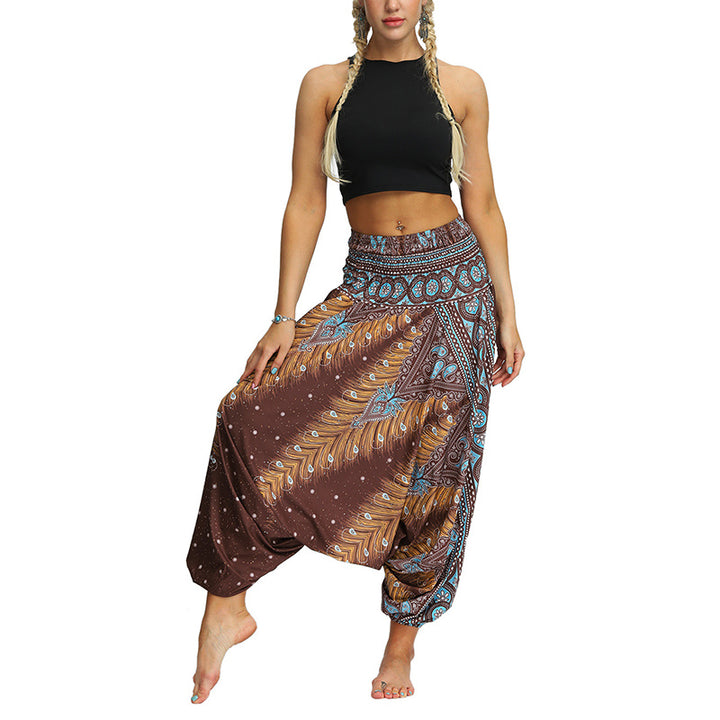 Buddha Stones Boho Feder Yogahose Hippie Haremshose Sport Fitness Tanz Damenhose