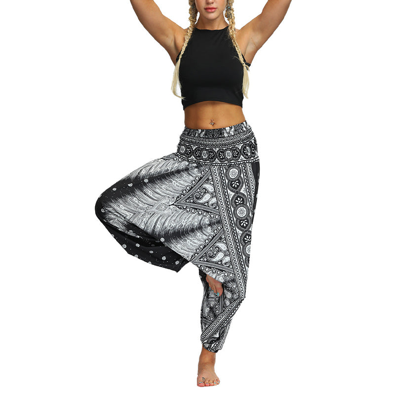 Buddha Stones Boho Feder Yogahose Hippie Haremshose Sport Fitness Tanz Damenhose