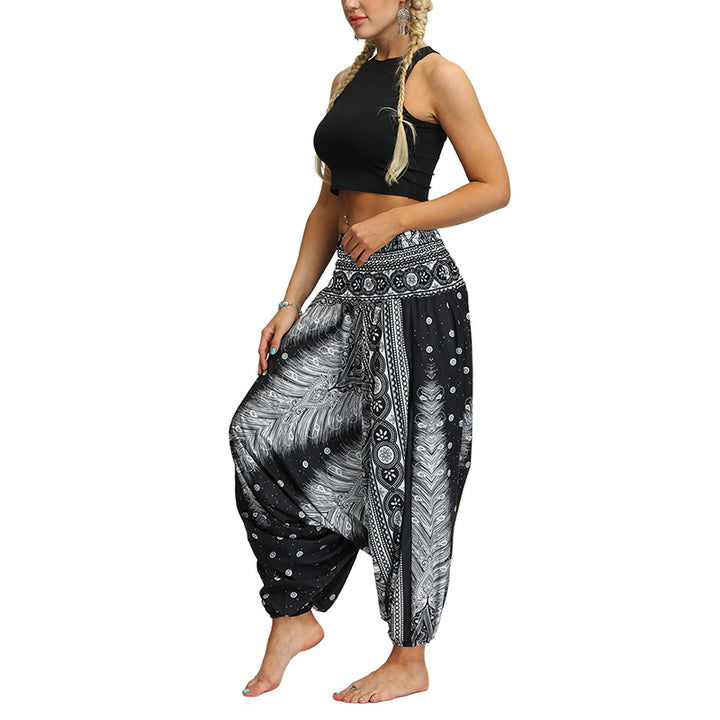 Buddha Stones Boho Feder Yogahose Hippie Haremshose Sport Fitness Tanz Damenhose