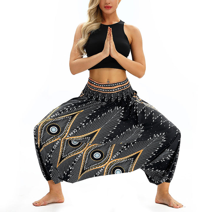 Buddha Stones Boho Feder Yogahose Hippie Haremshose Sport Fitness Tanz Damenhose