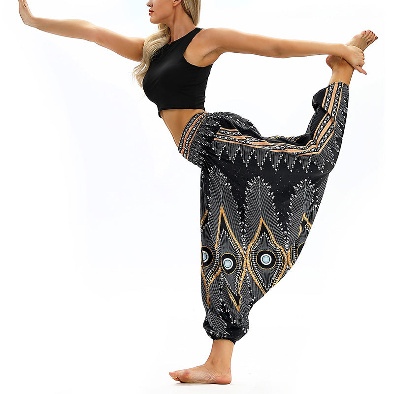 Buddha Stones Boho Feder Yogahose Hippie Haremshose Sport Fitness Tanz Damenhose