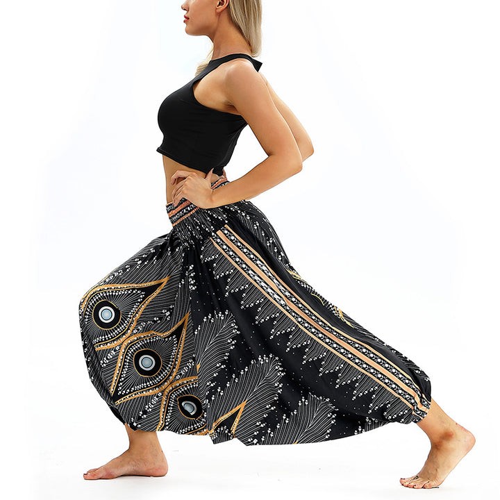 Buddha Stones Boho Feder Yogahose Hippie Haremshose Sport Fitness Tanz Damenhose