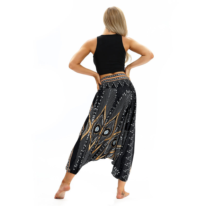 Buddha Stones Boho Feder Yogahose Hippie Haremshose Sport Fitness Tanz Damenhose