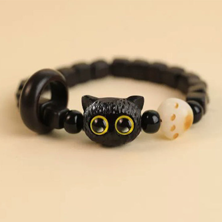 Süßes Friedensarmband aus Ebenholz mit Katzenkopfmuster von Buddha Stones - Ebenholzkatzen-Bodhi-Samen (Handgelenkumfang 14–16 cm) - image 9