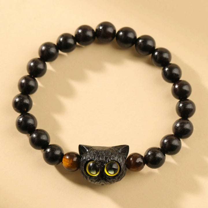 Süßes Friedensarmband aus Ebenholz mit Katzenkopfmuster von Buddha Stones - Ebenholzkatze Tigerauge (Handgelenkumfang 14–16 cm) - image 1