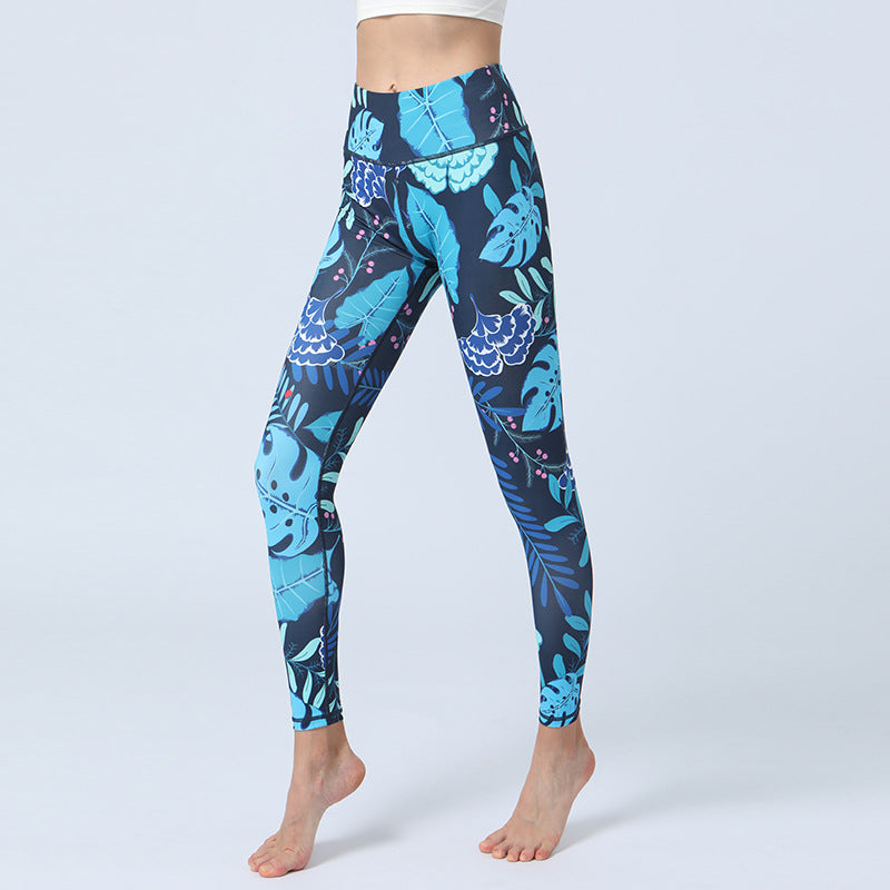 Buddha Stones Hose mit Blattmuster, Sport, Fitness, Yoga, Leggings mit hoher Taille, Yogahose für Damen - Blaue Blätter - US 8-10, UK/AU 12-14, EU 40-42 (XL)  - image 4