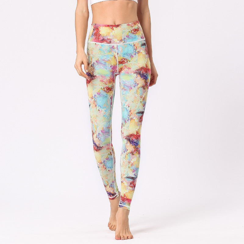 Buddha Stones Hose mit mehrfarbigem Blumenmuster für Sport, Training, Fitness, hohe Taille, Leggings, Yogahose für Damen - Gelb Blau Rot - US8-10， UK/AU12-14，EU40-42 (XL) - image 0