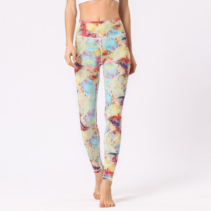 Buddha Stones Hose mit mehrfarbigem Blumenmuster für Sport, Training, Fitness, hohe Taille, Leggings, Yogahose für Damen - Gelb Blau Rot - US8-10， UK/AU12-14，EU40-42 (XL) - image 0