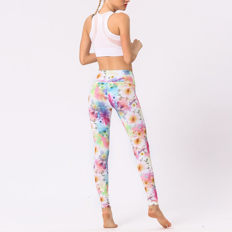 Buddha Stones Hose mit mehrfarbigem Blumenmuster für Sport, Training, Fitness, hohe Taille, Leggings, Yogahose für Damen