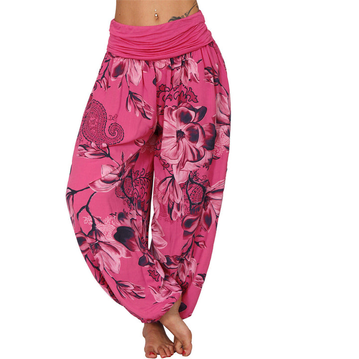 Lose Haremshose für Damen, Yogahose mit Buddha-Steinen, Blumenblattmuster