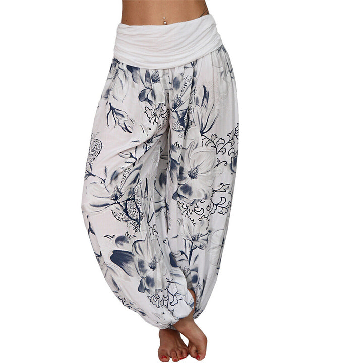 Lose Haremshose für Damen, Yogahose mit Buddha-Steinen, Blumenblattmuster