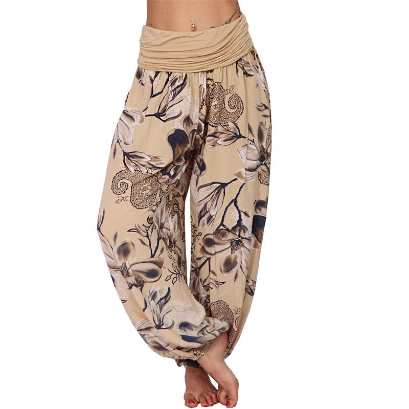 Lose Haremshose für Damen, Yogahose mit Buddha-Steinen, Blumenblattmuster