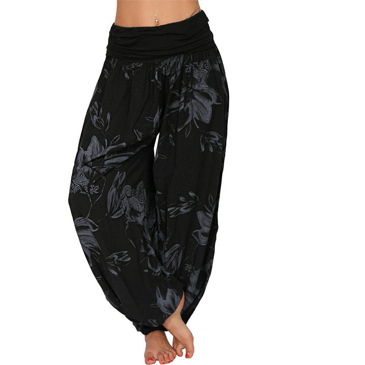 Lose Haremshose für Damen, Yogahose mit Buddha-Steinen, Blumenblattmuster