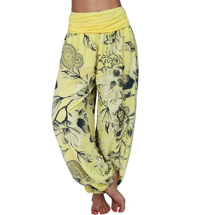 Lose Haremshose für Damen, Yogahose mit Buddha-Steinen, Blumenblattmuster