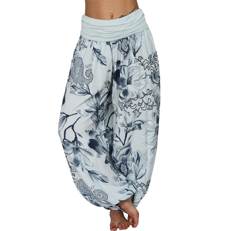 Lose Haremshose für Damen, Yogahose mit Buddha-Steinen, Blumenblattmuster