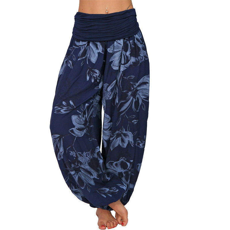 Lose Haremshose für Damen, Yogahose mit Buddha-Steinen, Blumenblattmuster