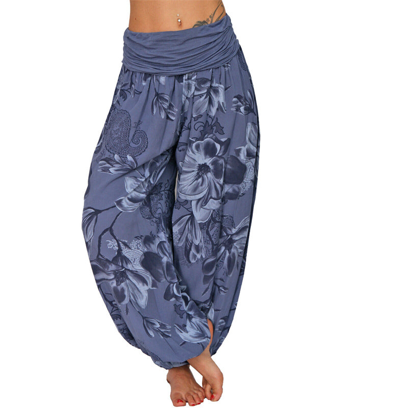 Lose Haremshose für Damen, Yogahose mit Buddha-Steinen, Blumenblattmuster