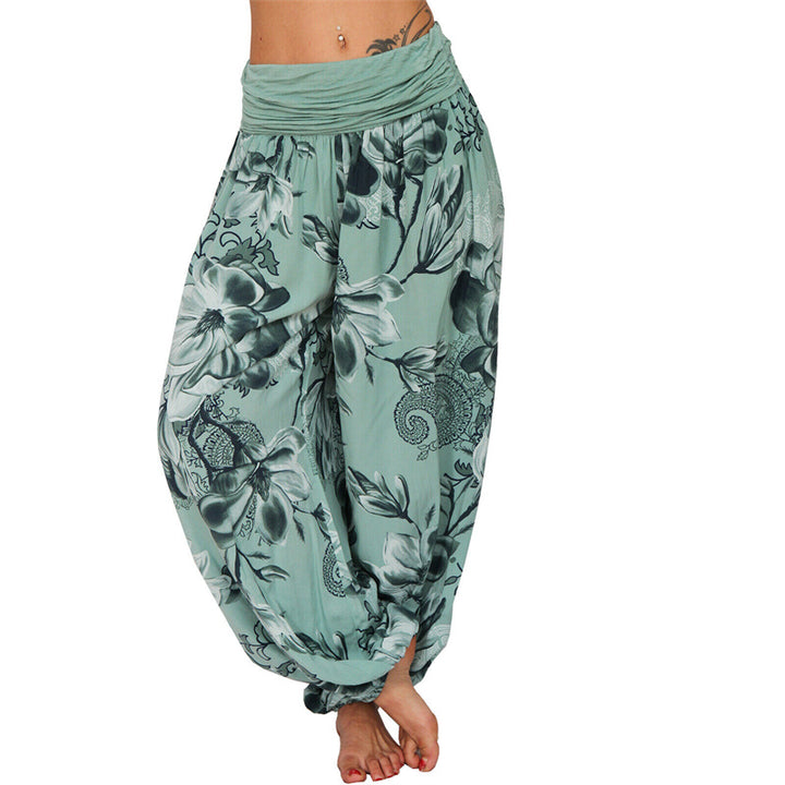 Lose Haremshose für Damen, Yogahose mit Buddha-Steinen, Blumenblattmuster