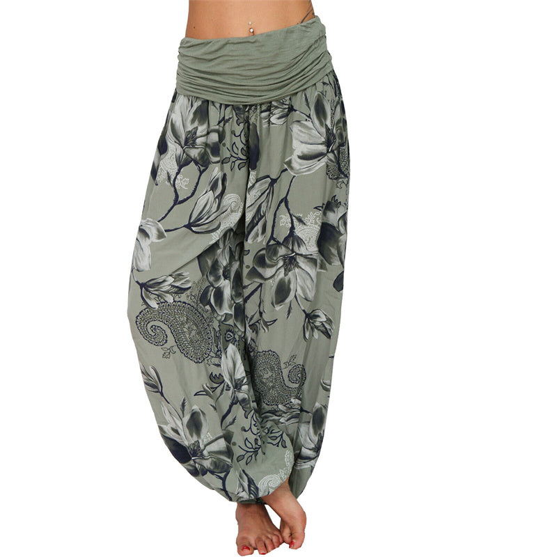 Lose Haremshose für Damen, Yogahose mit Buddha-Steinen, Blumenblattmuster