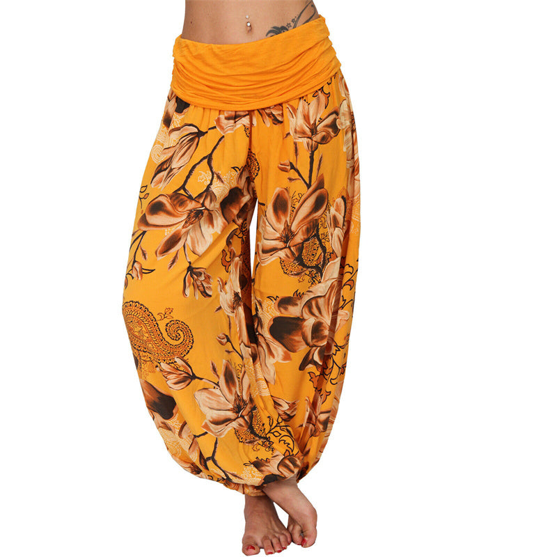 Lose Haremshose für Damen, Yogahose mit Buddha-Steinen, Blumenblattmuster