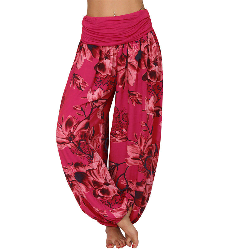 Lose Haremshose für Damen, Yogahose mit Buddha-Steinen, Blumenblattmuster